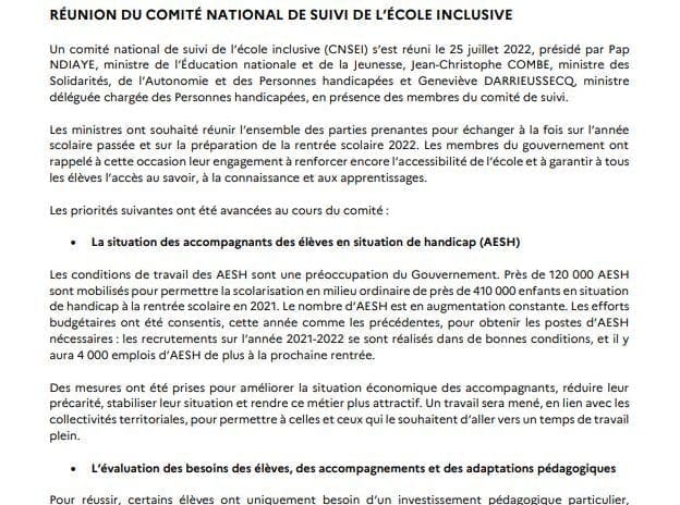 Communiqué du comité national de suivi de l’école inclusive